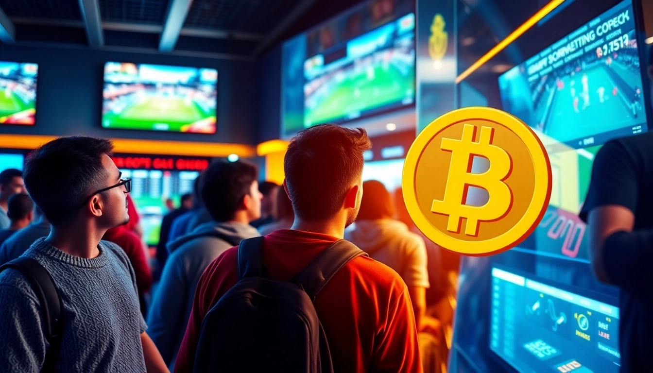 Erleben Sie den Nervenkitzel des Wettens mit Bitcoin in einem modernen Wettshop mit aufgeregten Zuschauern.