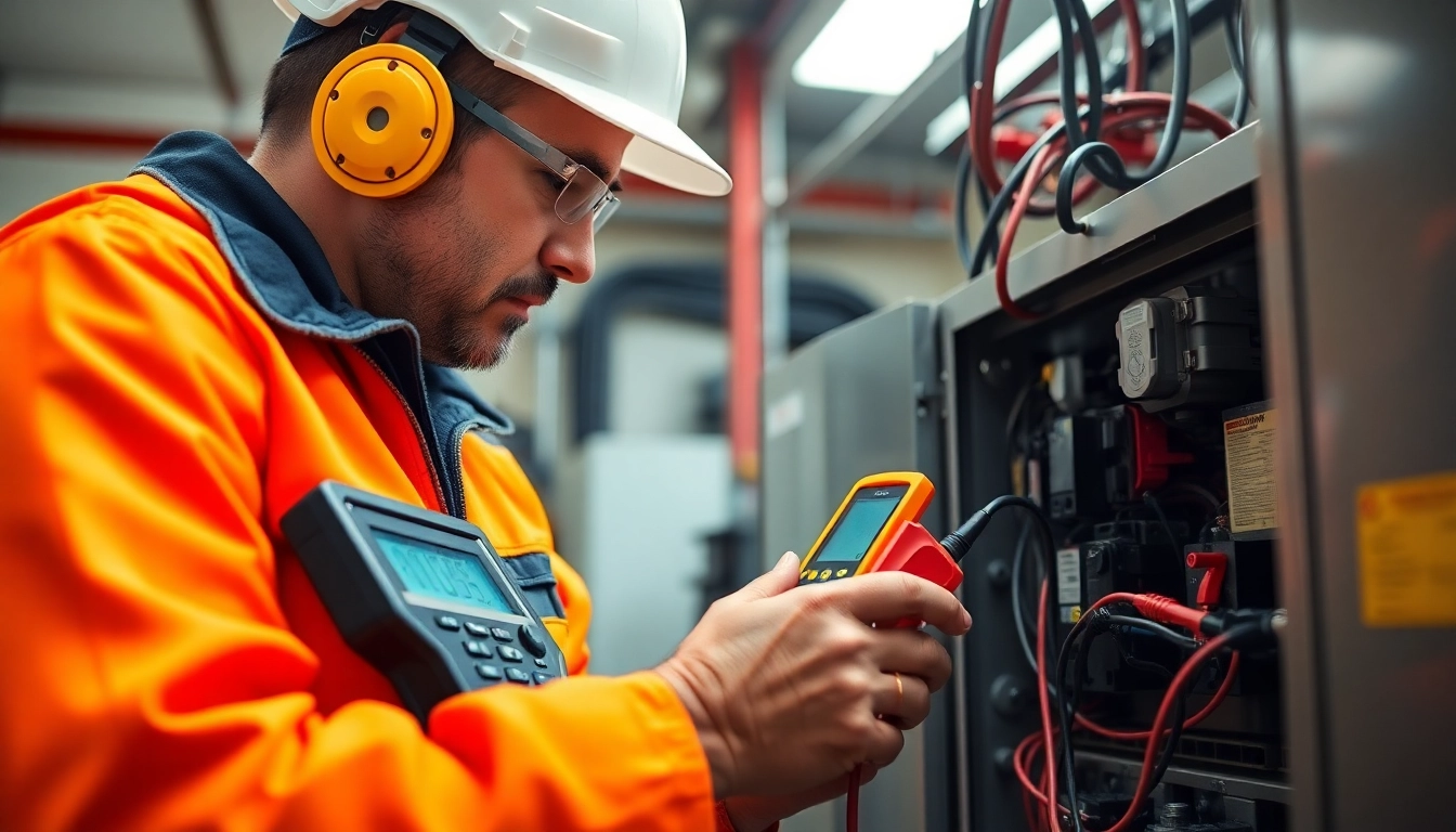Technician conducting Prüfung ortsveränderlicher elektrischer Betriebsmittel with advanced testing equipment.