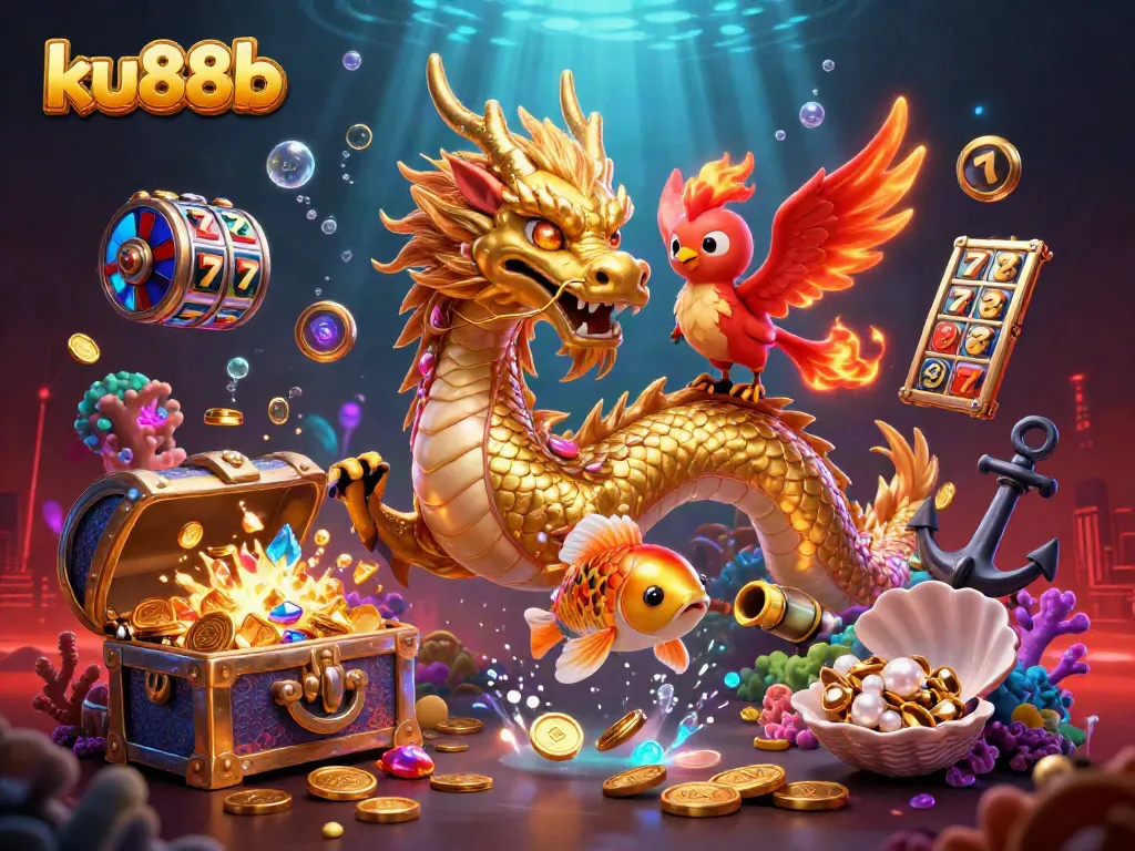 Experience the thrill of ku88b with a fierce dragon and golden koi amid vivid casino elements.