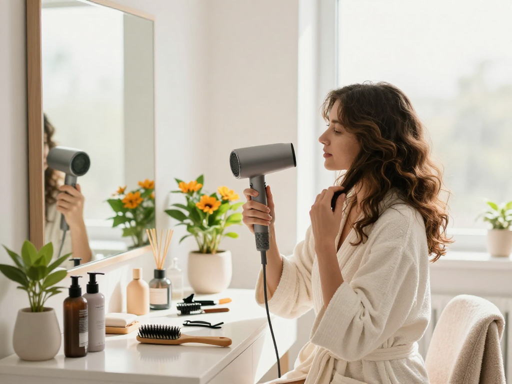 Woman enjoying effortless styling with a small hair dryer in a bright bathroom setting