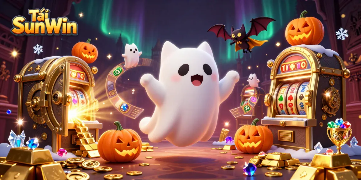Tải SunWin showcases a friendly ghost cat in a haunted casino bliss, highlighting slots, gold, and gems.