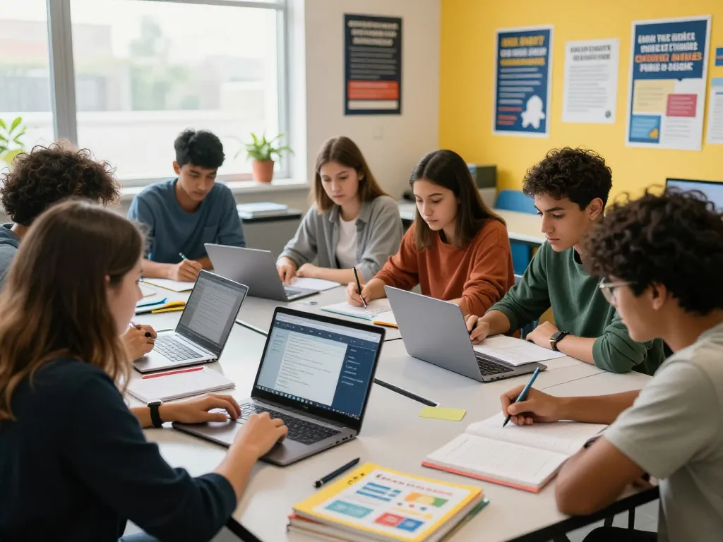 Studenten, die eine Hausaufgaben Löser KI in einem kollaborativen Lernraum für innovatives Lernen nutzen.