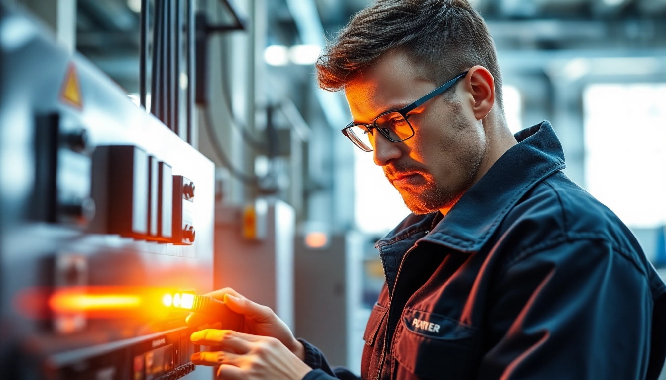 Techniker führt eine Prüfung ortsveränderlicher elektrischer Betriebsmittel in einem modernen Umfeld durch.