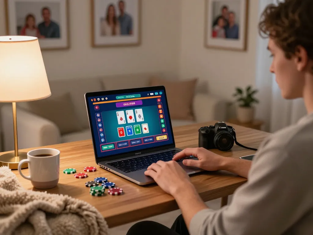 Engaging in online gaming at nhà cái bl555 with a laptop, showcasing a vibrant casino atmosphere