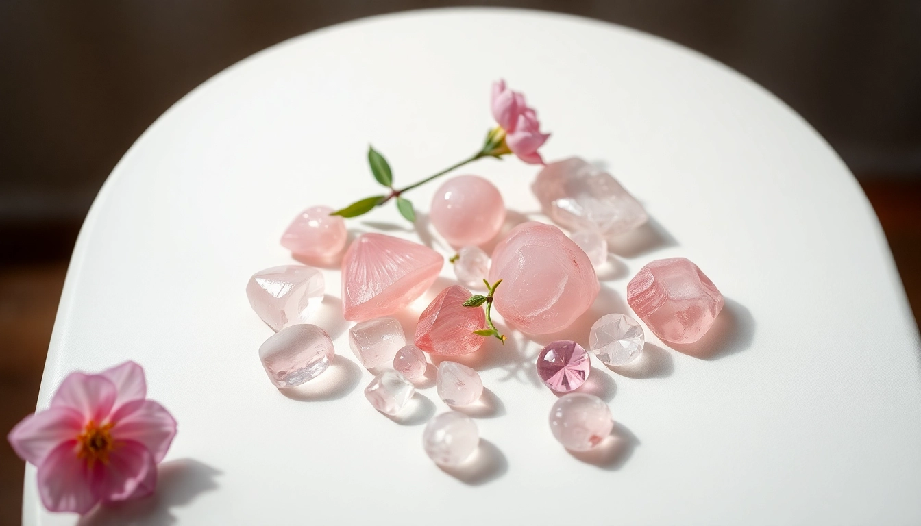 Rosenquarz-Kristalle funkeln in sanftem Licht auf einem Tisch, umgeben von einem blühenden Zweig.
