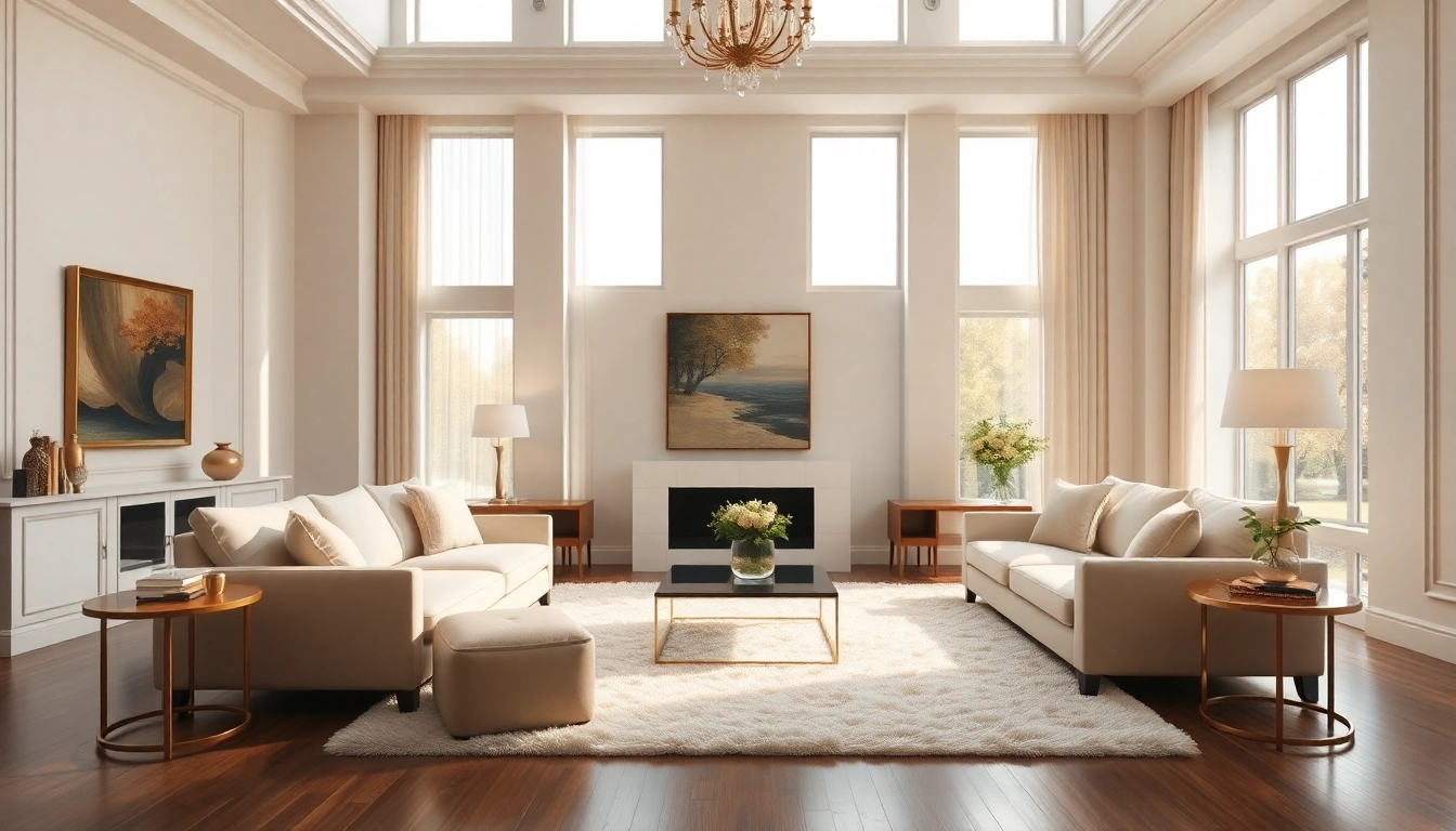 Luxury living room showcasing elegant decor, plush furniture, and warm natural lighting.