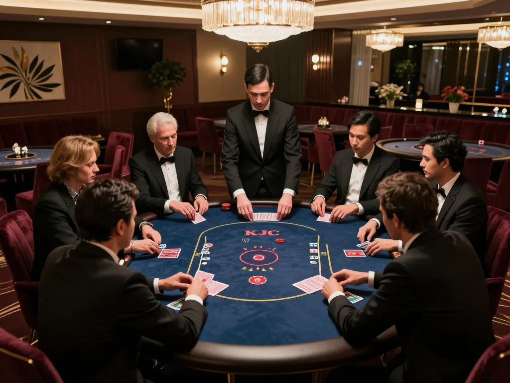 Players engaging at KJC's exclusive poker table, showcasing luxurious ambiance and strategic gameplay
