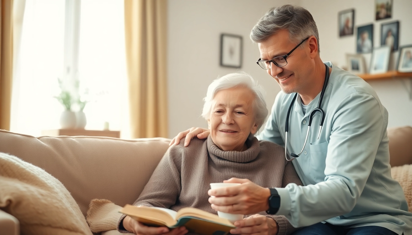 Pflegedienst unterst&uuml;tzt eine Seniorin mit liebevoller Zuwendung in ihrem Zuhause.