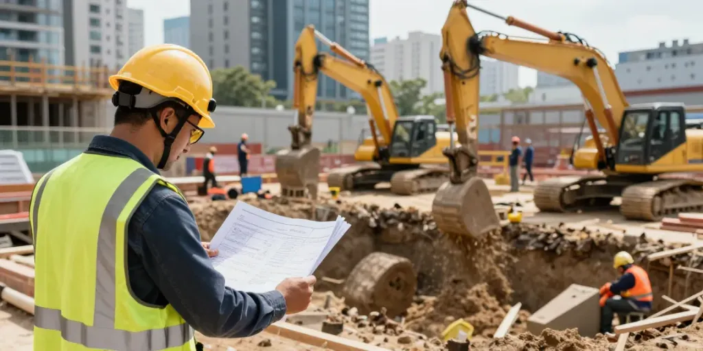 Detailaufnahme zu den Baugrubensicherungskosten auf einer Baustelle mit Fachkräften und Maschinen