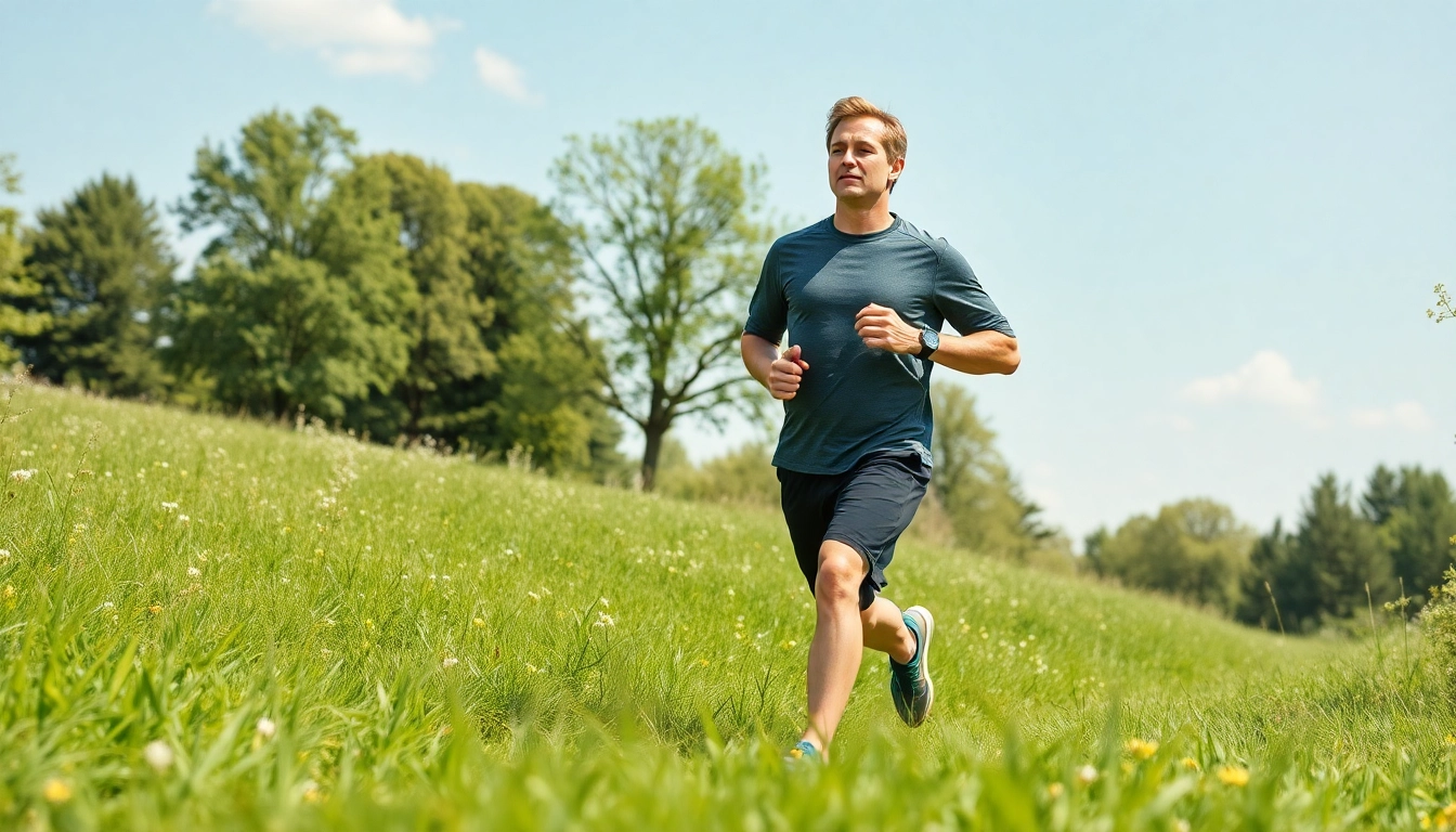 Aktive Darstellung von Gewichtsverlust: Ein gesunder Erwachsener joggt in einem sonnigen Park und strahlt Lebensfreude aus.