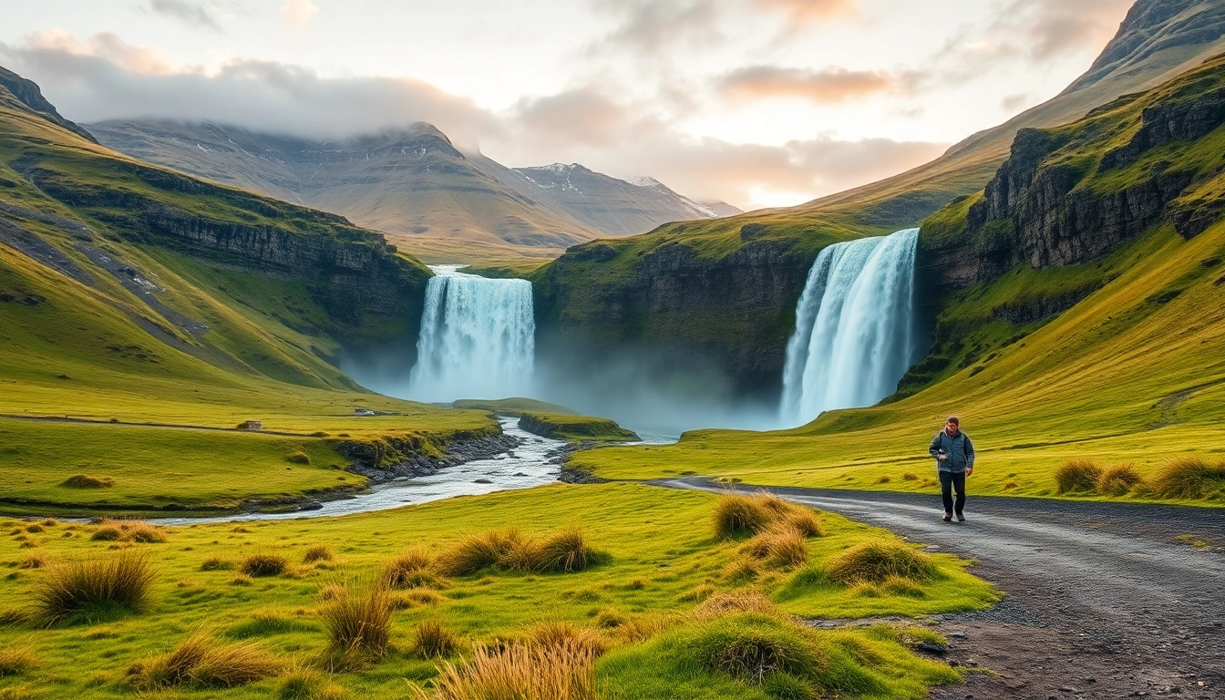 Erleben Sie eine unvergessliche Reise nach Island mit beeindruckenden Wasserfällen und malerischer Landschaft, dargestellt in sanfter Morgenbeleuchtung.