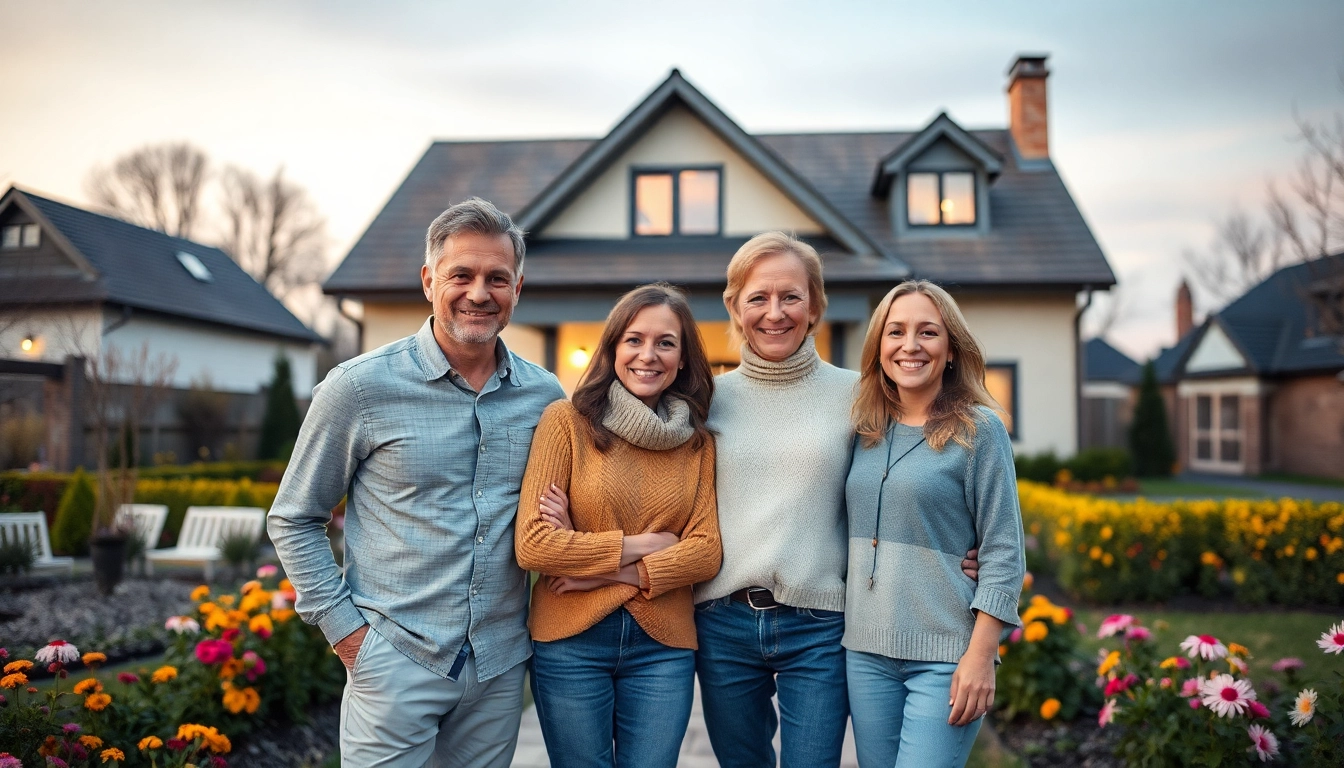Familie genießt den erfolgreichen Hauskauf vor ihrem neuen Zuhause in einem einladenden Garten.