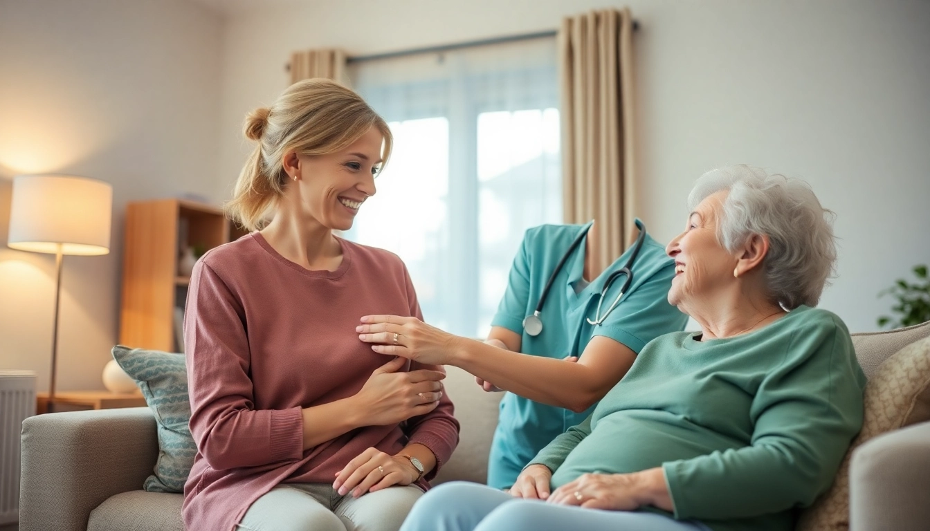 Pflegedienst zeigt Pflegekraft, die liebevoll eine ältere Person unterstützt.