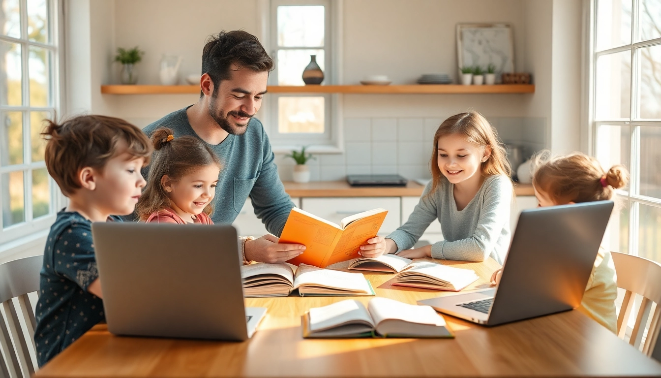Familie beim Heimunterricht am Küchentisch, zeigt glückliche Kinder und Lernmaterialien.