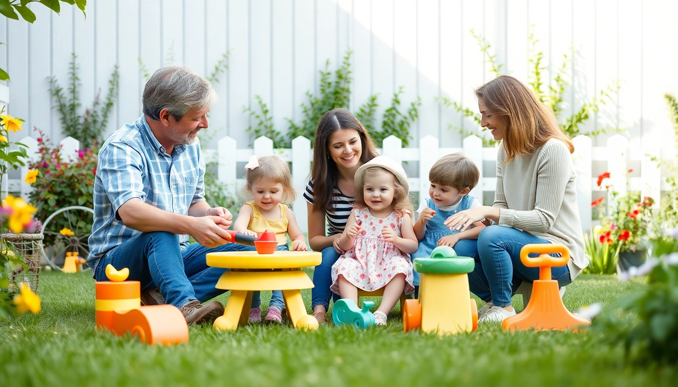 Kindererziehung in einer harmonischen Familienszene mit spielenden Kindern und Eltern.