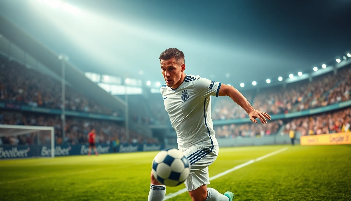 Fußballspieler schießt den Ball im Moment der Sportwetten-Entscheidung.