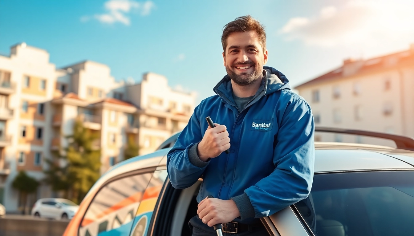 Professioneller Klempner des Sanitär Notdienstes lächelt vor modernem Fahrzeug.