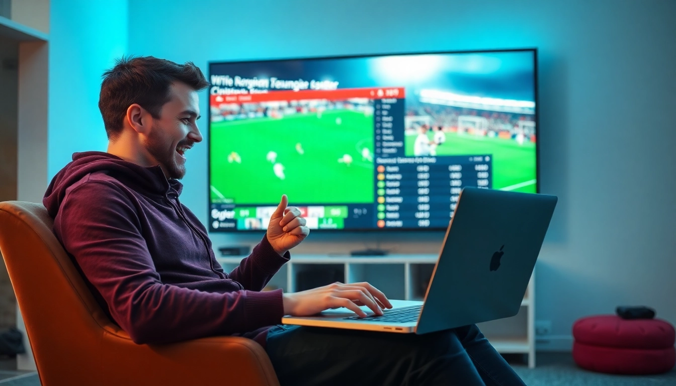 Setze einen aufregenden Akteur für Sportwetten in Aktion, der Wettquoten auf seinem Laptop verfolgt.