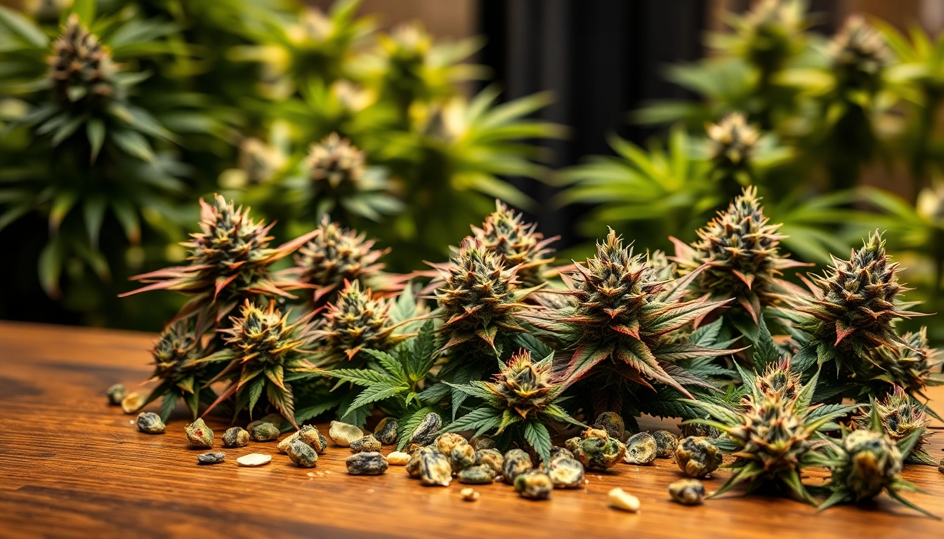 Explore an assortment of premium marijuana seeds showcasing various strains and features on a rustic wooden table.