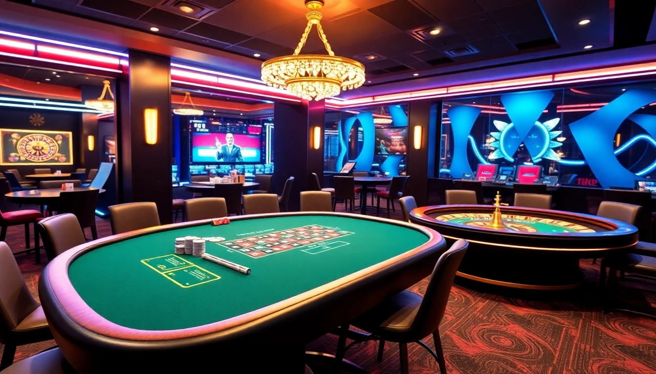 Entdecken Sie das aufregende Erlebnis eines online casino schweiz mit stilvollem Blackjack- und Roulette-Tisch in einem modernen Casino-Ambiente.