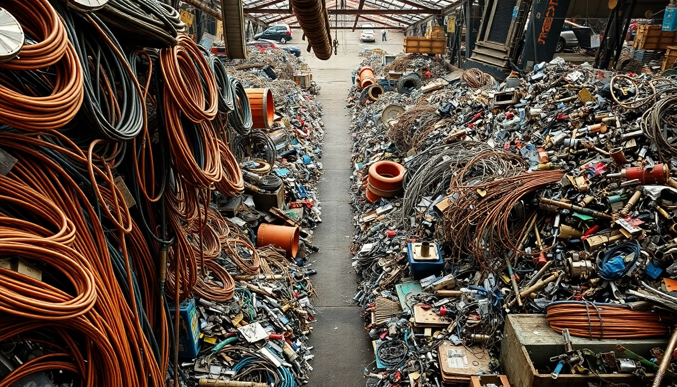 View of Schrottplatz Remscheid showing diverse scrap metals for recycling, including copper and aluminum.