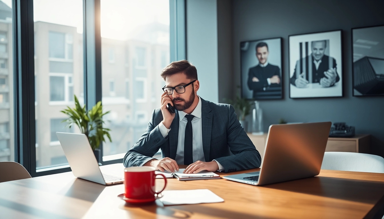 Headhunter Saarbrücken bei der Arbeit in einem modernen Büro, Telefonat mit einem Klienten.