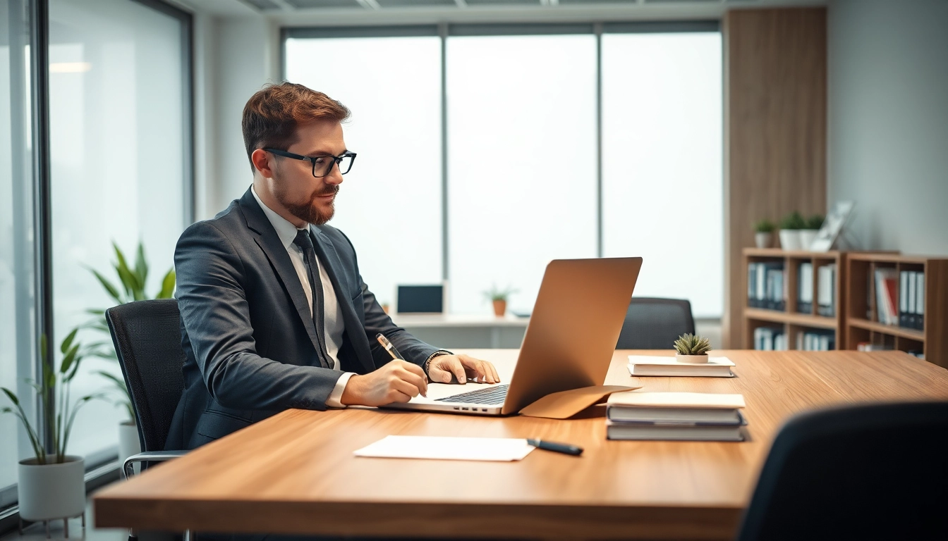 Headhunter Ärzte: Professioneller Headhunter im modernen Büro arbeitet konzentriert an einem Laptop.