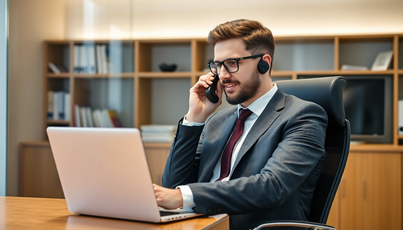 Headhunter berät einen Klienten am Telefon in modernem Büro.