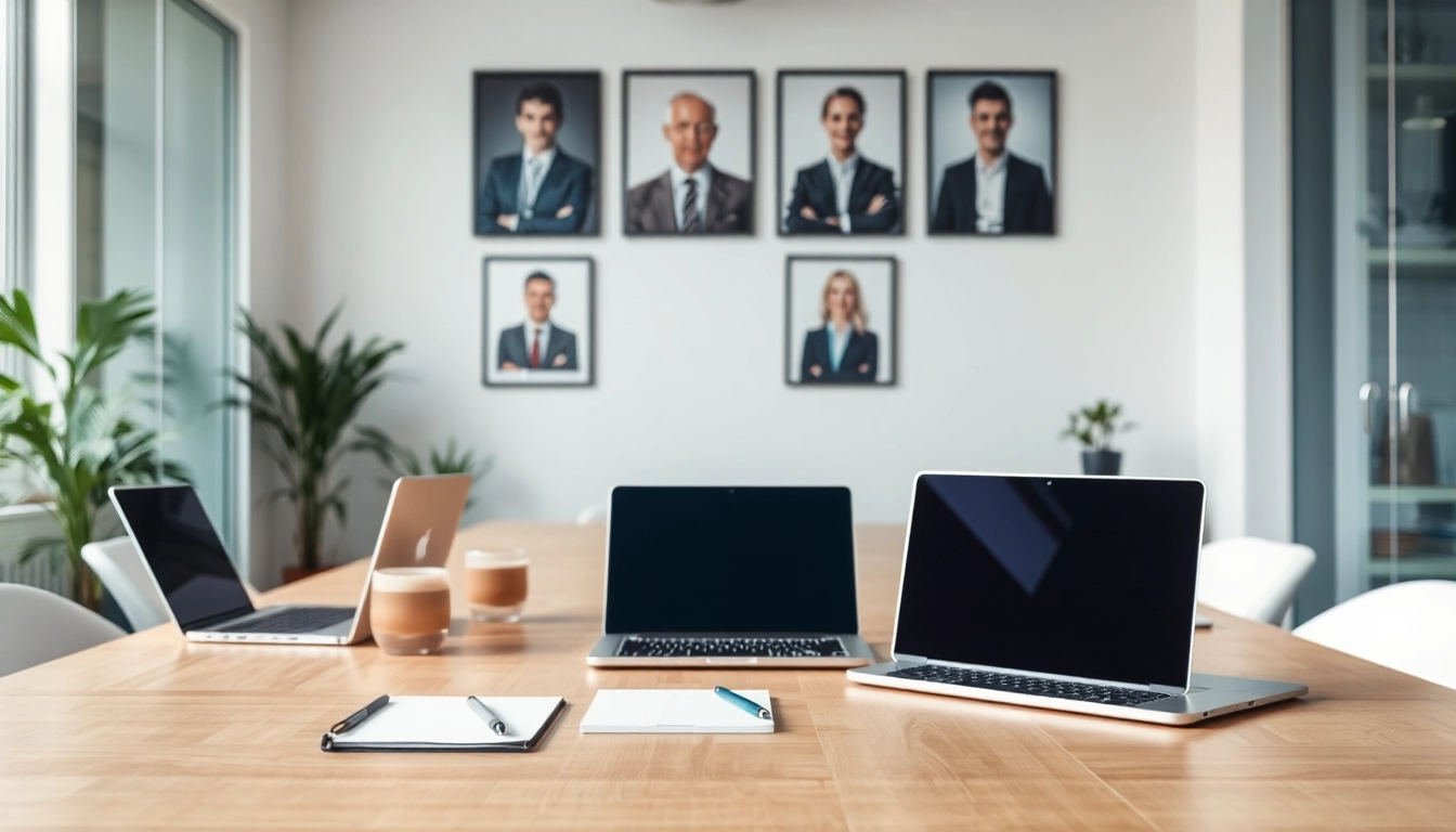 Ein einladendes Büro einer Headhunter Agentur mit Laptops und Notizblöcken, das professionelle Beratung symbolisiert.