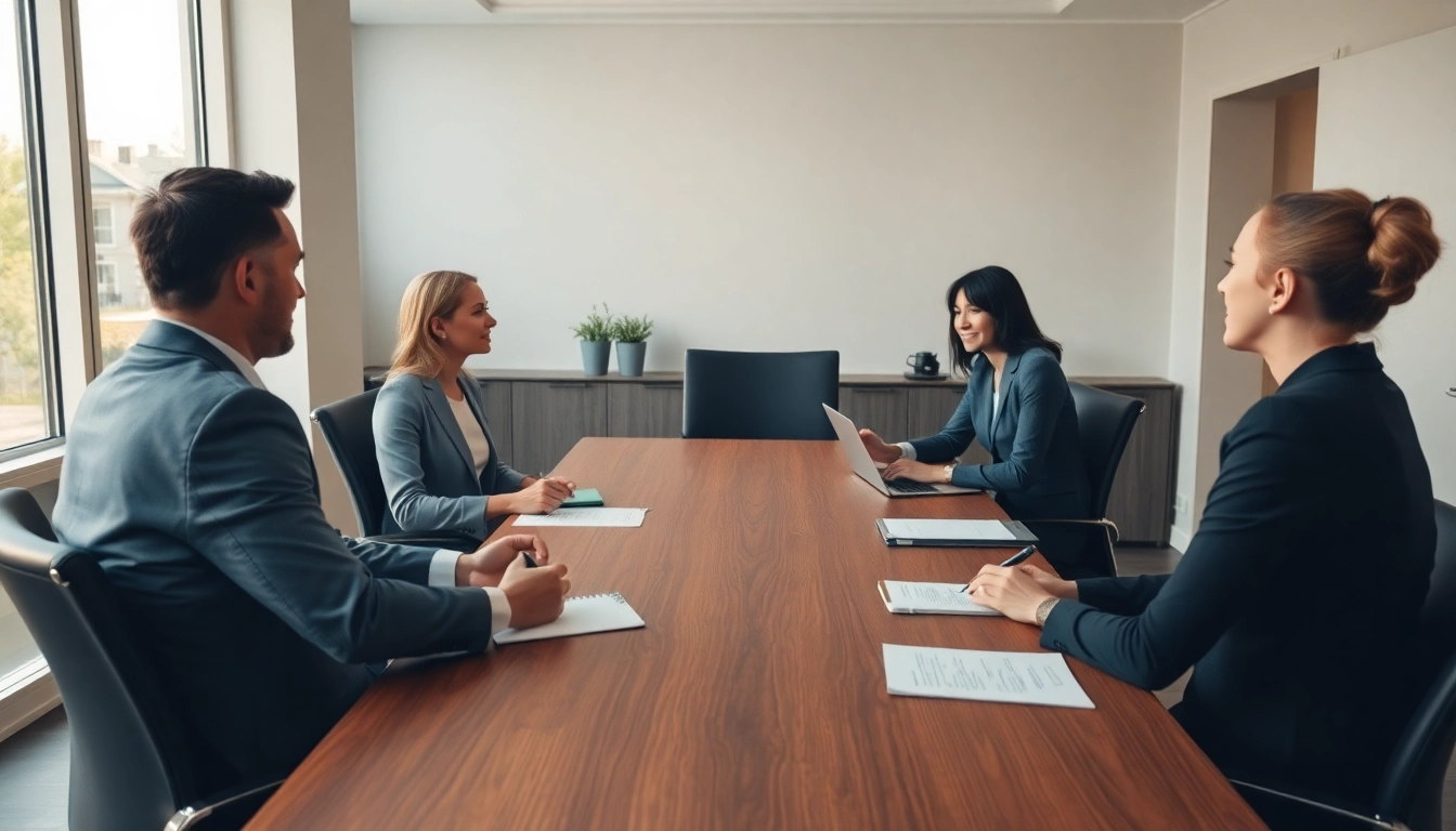 Personalvermittlung: Eine professionelle Beratungssituation in einem eleganten Business-Meeting-Raum mit Gesprächspartnern.
