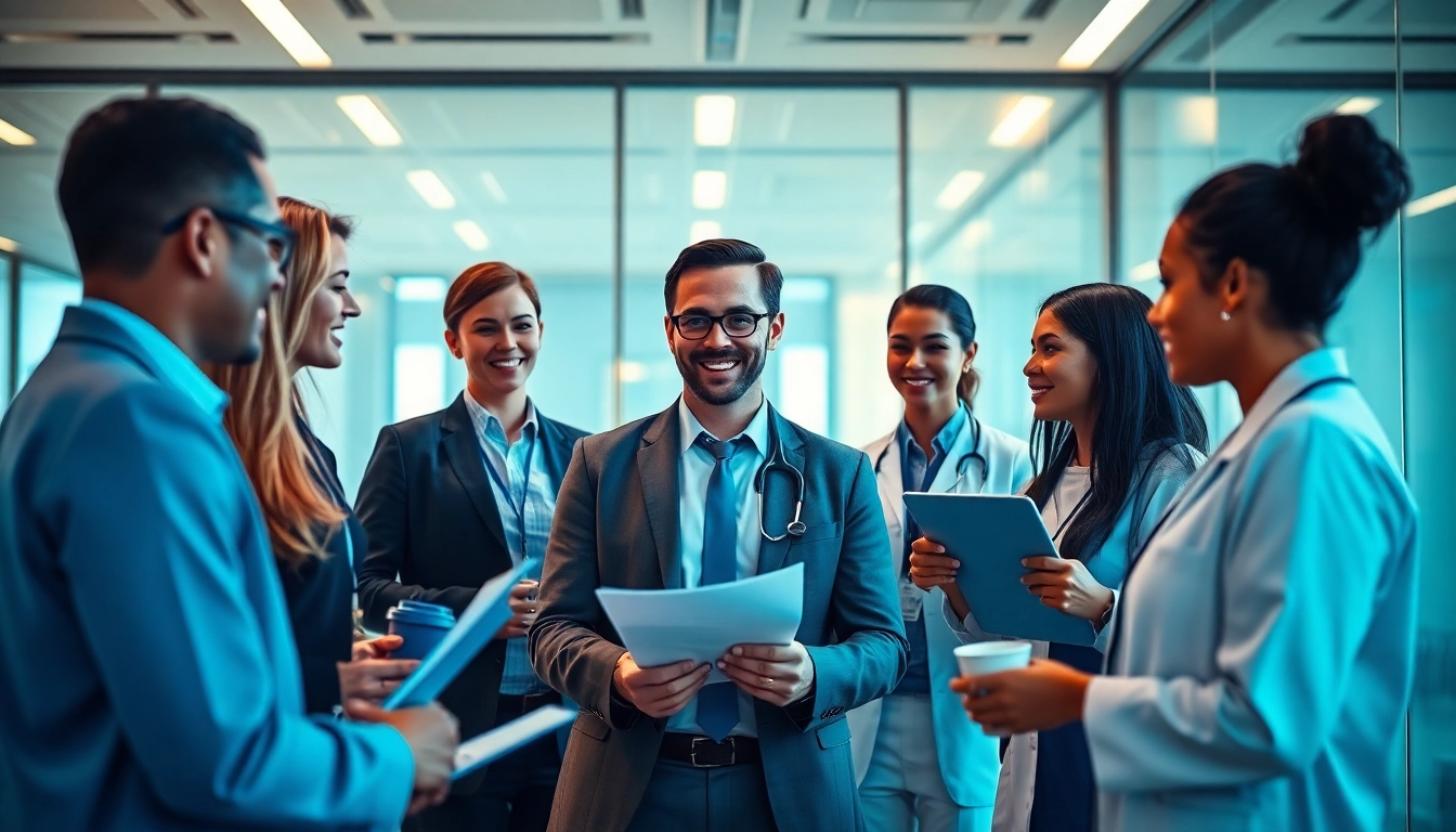 Headhunter Pflegekräfte interacts professionally with healthcare candidates in a bright office.