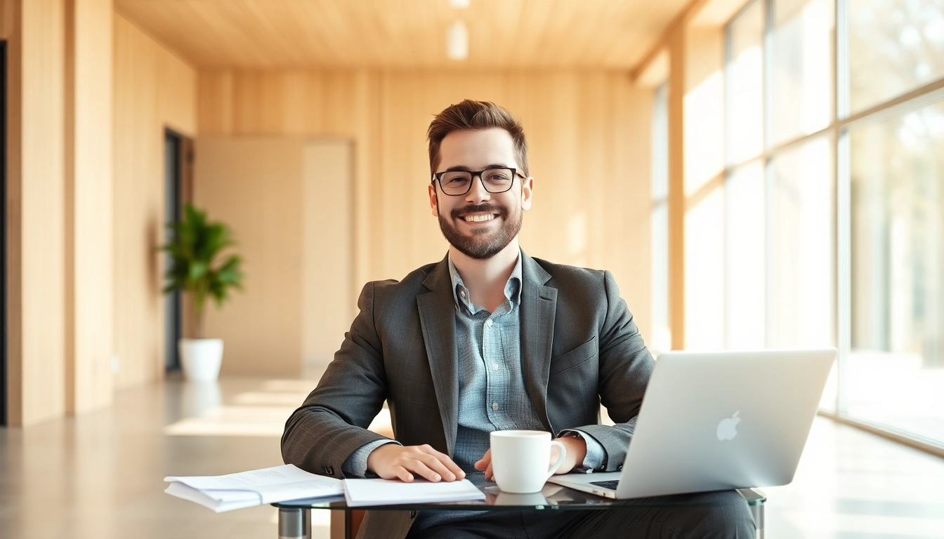 Headhunter IT präsentiert ein freundliches Lächeln in einem modernen Büro mit Laptop und Bewerbungsunterlagen.