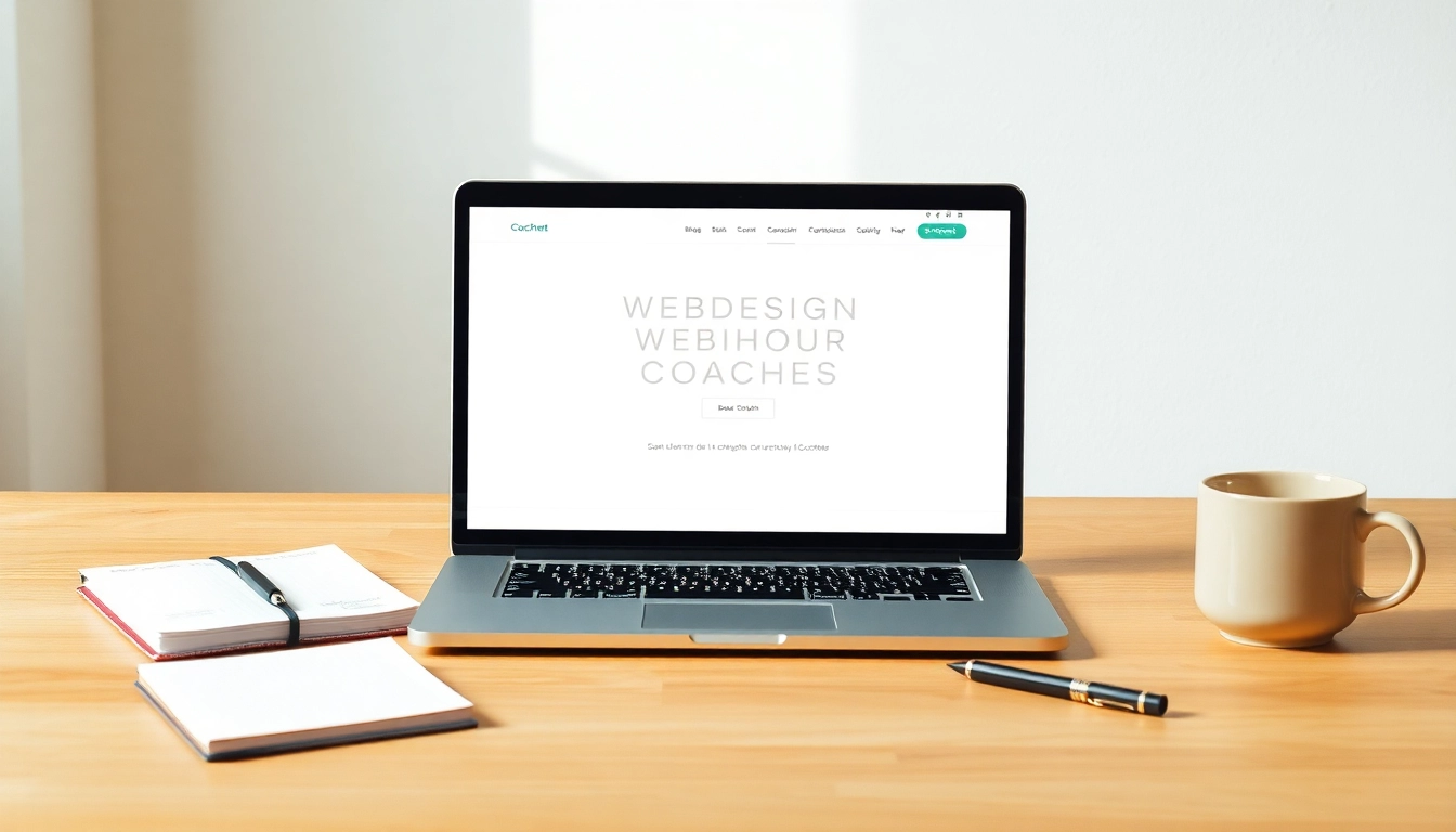 Modernes Webdesign für Coaches, präsentiert auf einem Laptop mit einladendem Ambiente.