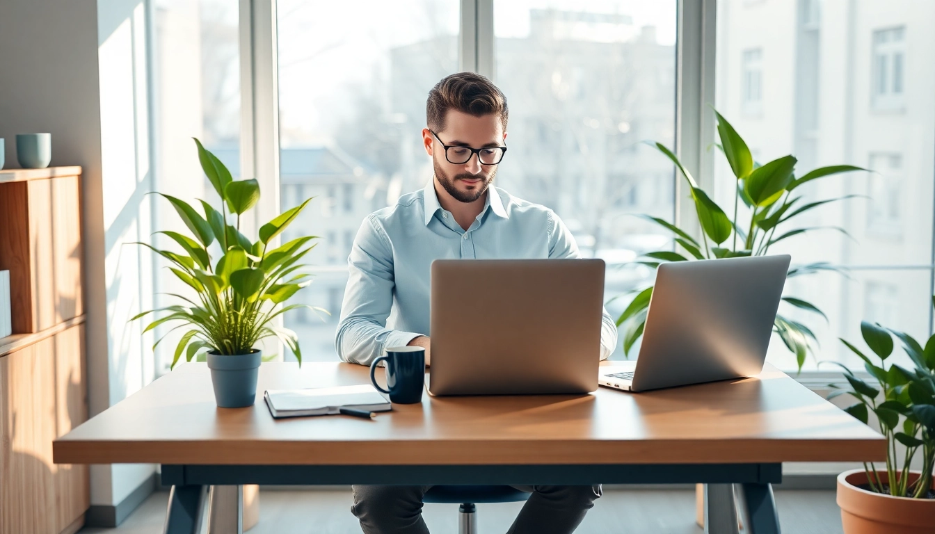 VA für Admin-Aufgaben: Ein fokussierter virtueller Assistent in einem modernen Büro mit Laptop, Notizblättern und Pflanzen.