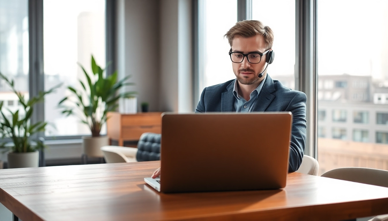 Professioneller Headhunter IT, der am Laptop arbeitet und engagiert telefoniert, um Talente zu rekrutieren.