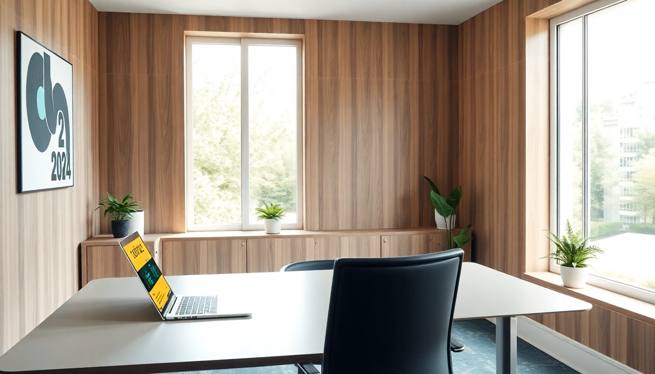 Verwenden Sie die Office 2024 Lizenz in einem stilvollen Büro mit einem Laptop und hellem Tageslicht.