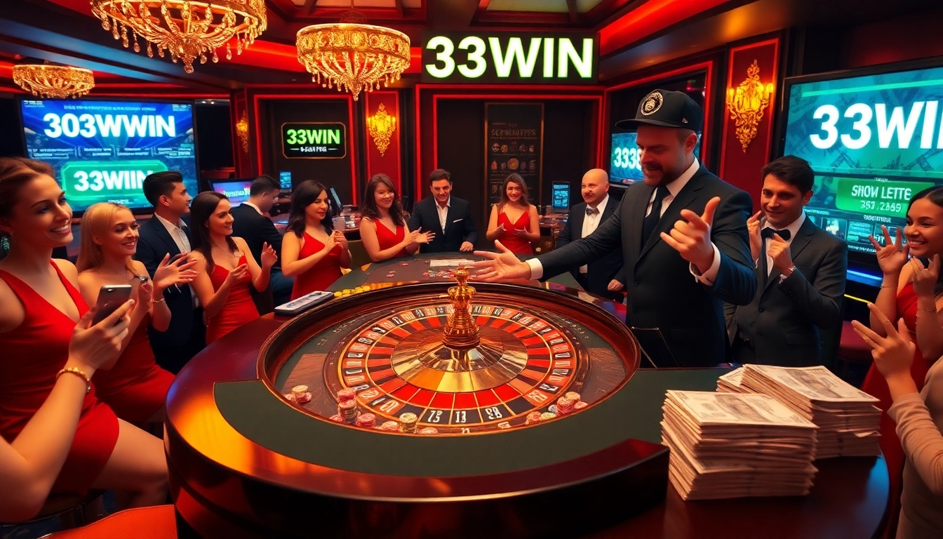 Players enjoying a thrilling game of roulette at the 33WIN casino with vibrant lights and excitement.
