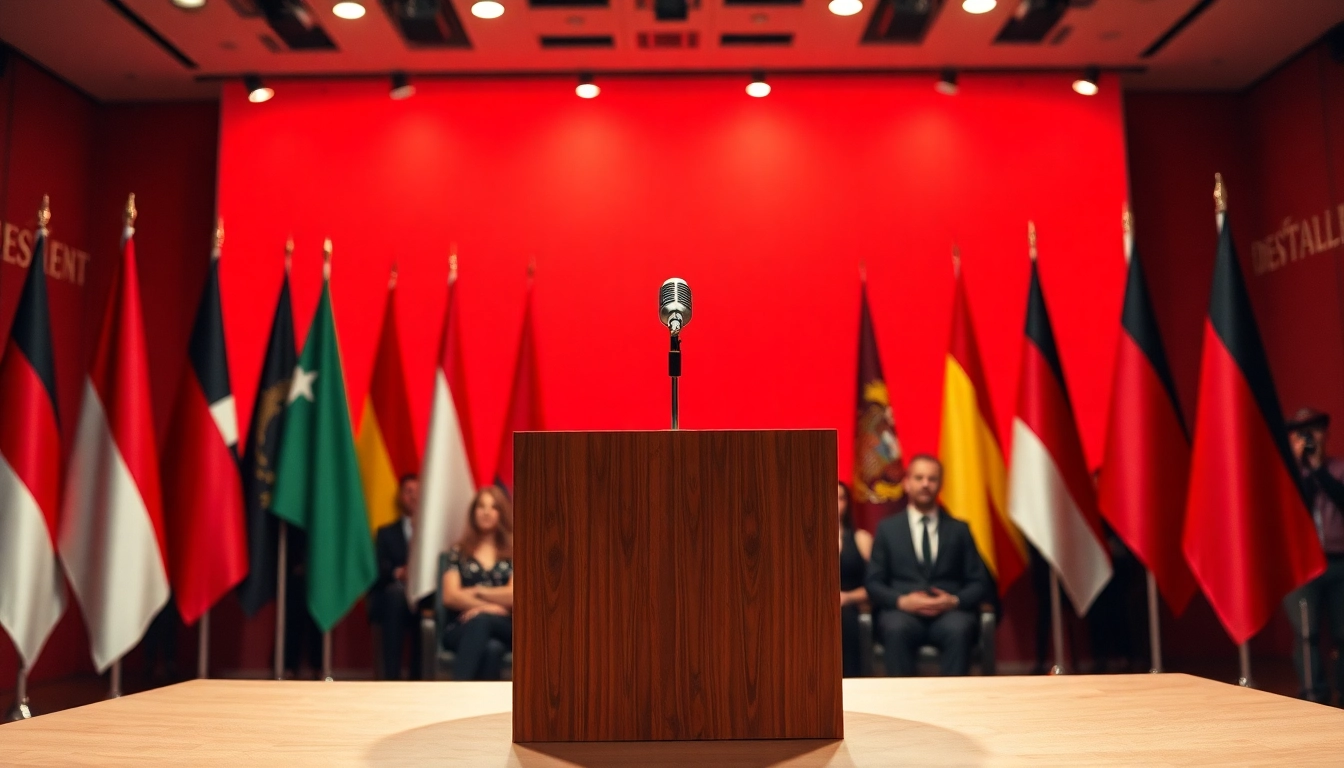 Diskussion über Politik Nachrichten Deutschland mit Podium und Flaggen im Hintergrund.