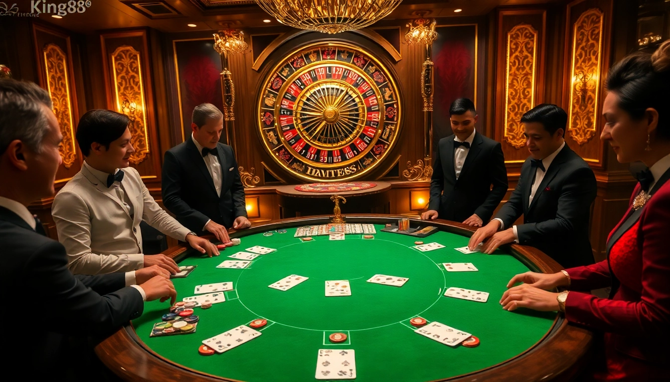 Players engaging at a luxurious King88 blackjack table amidst an exciting casino atmosphere.