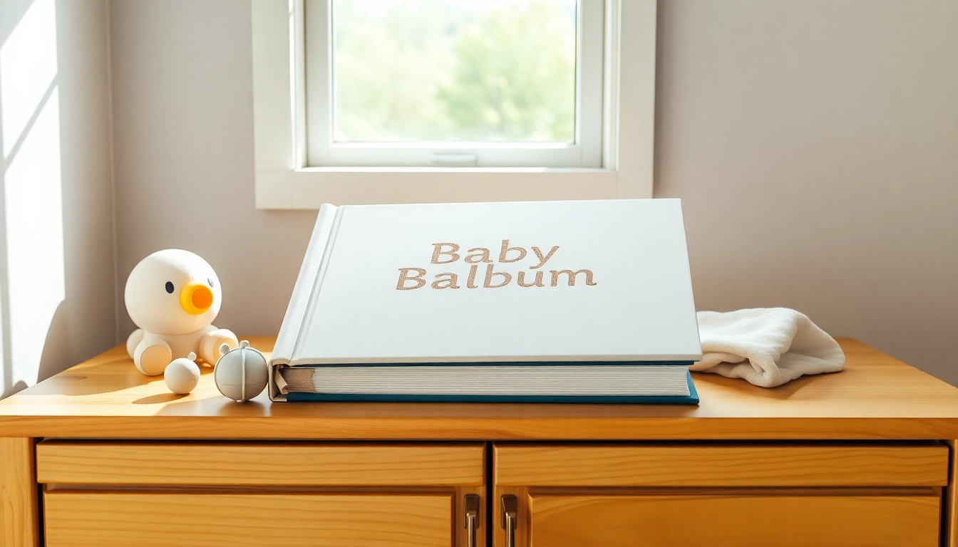 Ein liebevoll gestaltetes Babyalbum mit sanften Farben und Spielzeug, ideal für die Erinnerung an die ersten Jahre.