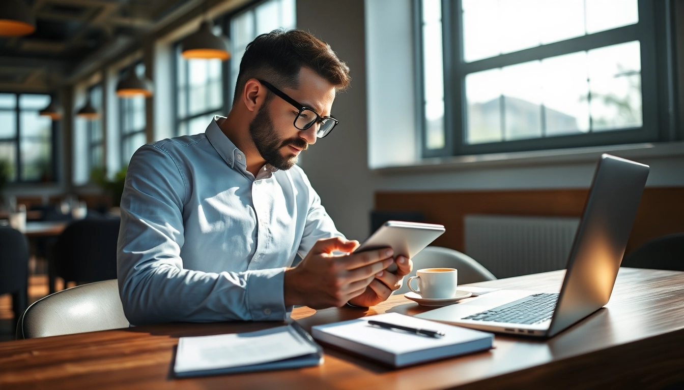 Headhunter Gastronomie analysiert Bewerbungen in einem modernen Büro, während er auf einem Tablet navigiert.