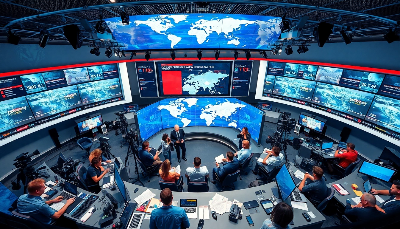 Erleben Sie Internationale Nachrichten hautnah in einem lebhaften Newsroom mit Reportern und aktuellen Meldungen.