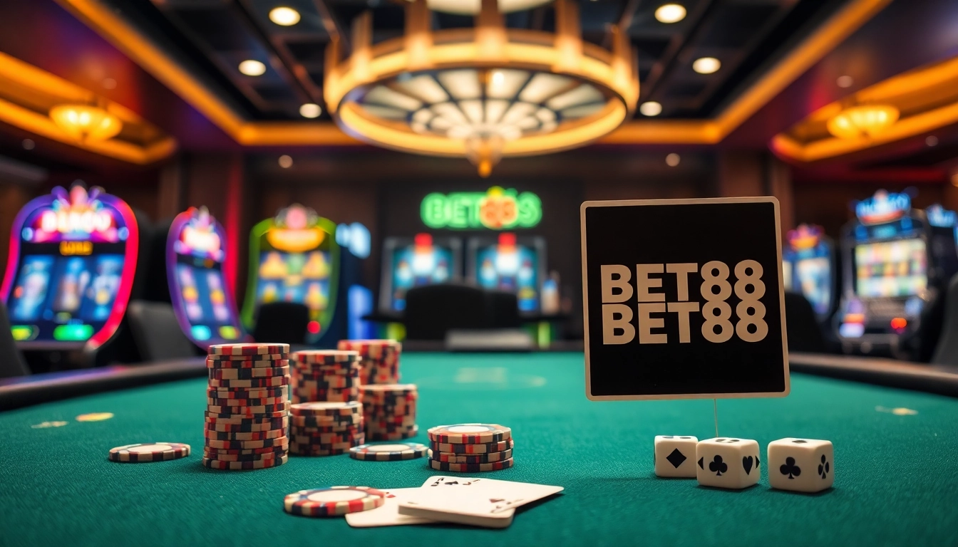 Experience the thrill of BET88 with vibrant casino tables, poker chips, and slot machines.