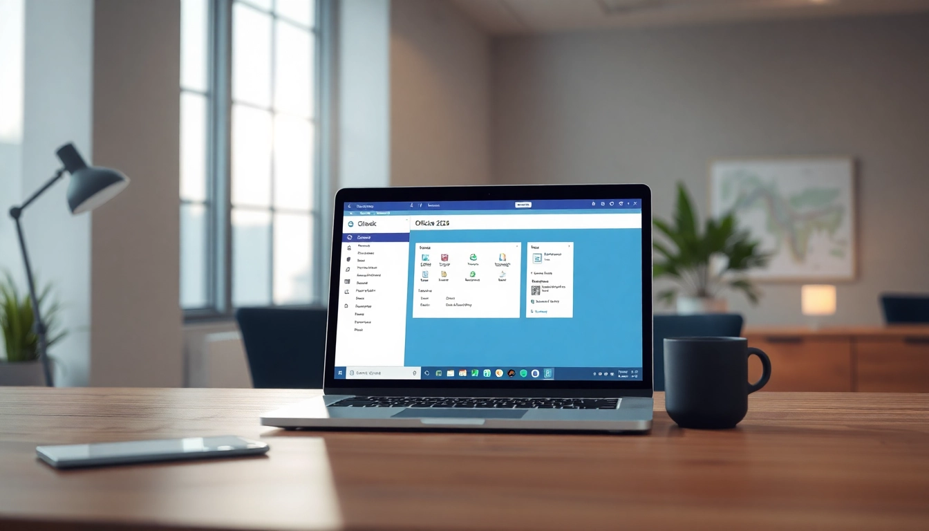 Visualisiere die Vorteile von Office 2024 Professional Plus mit Access und Outlook auf einem modernen Arbeitsplatz.
