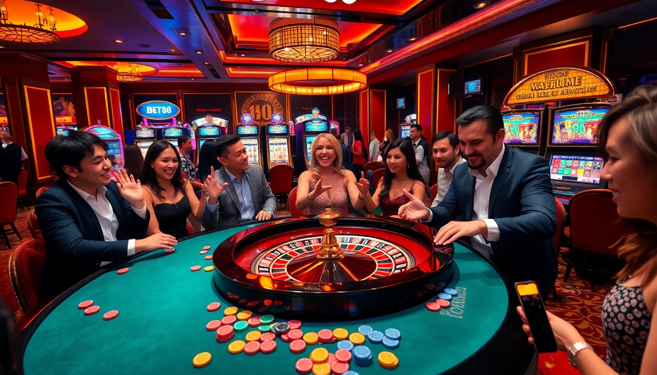 Players enjoying exciting games at BET88 casino, featuring roulette and slot machines.