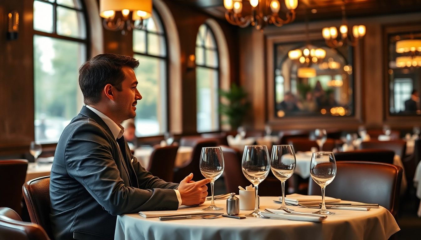 Headhunter Gastronomie bespricht mit Restaurantleiter die Rekrutierung von Fachkräften in einem eleganten Restaurant.