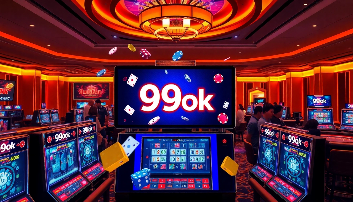 Experience the thrilling atmosphere of 99ok online casino with dynamic slot machines and gaming accessories.