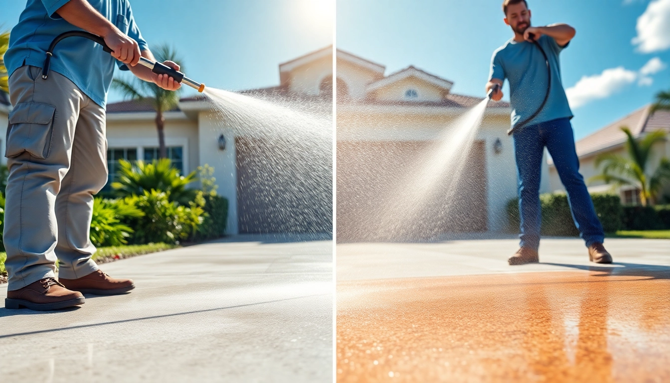 Concrete cleaning in Kissimmee, FL, with a professional pressure washer removing dirt and stains effectively.