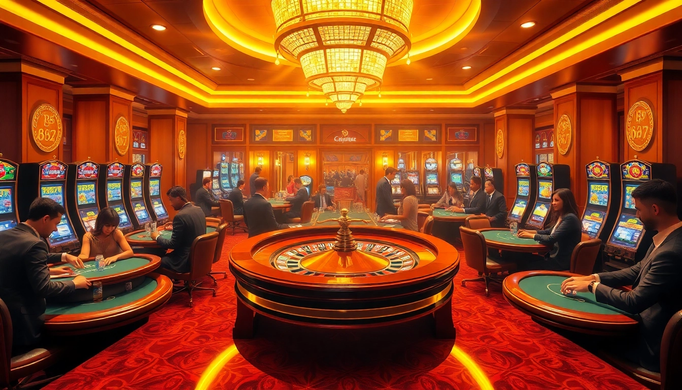 B52 roulette wheel surrounded by excited players in a luxurious casino setting.