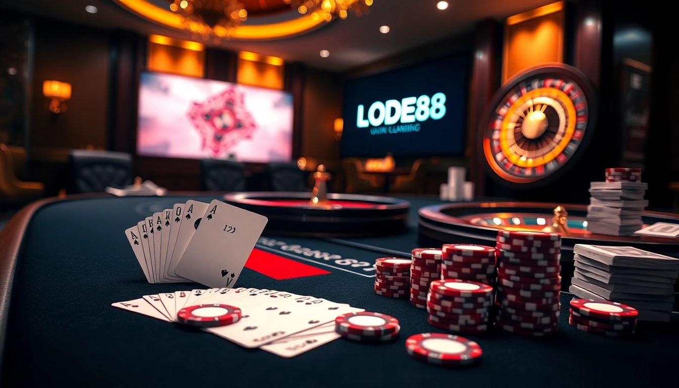 Engaging scene of online gambling with LODE88, showcasing poker chips and casino elements.